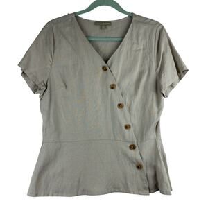 Appraisal Asymmetric Short Sleeve Peplum Blouse Womens Medium Linen Natural Boho